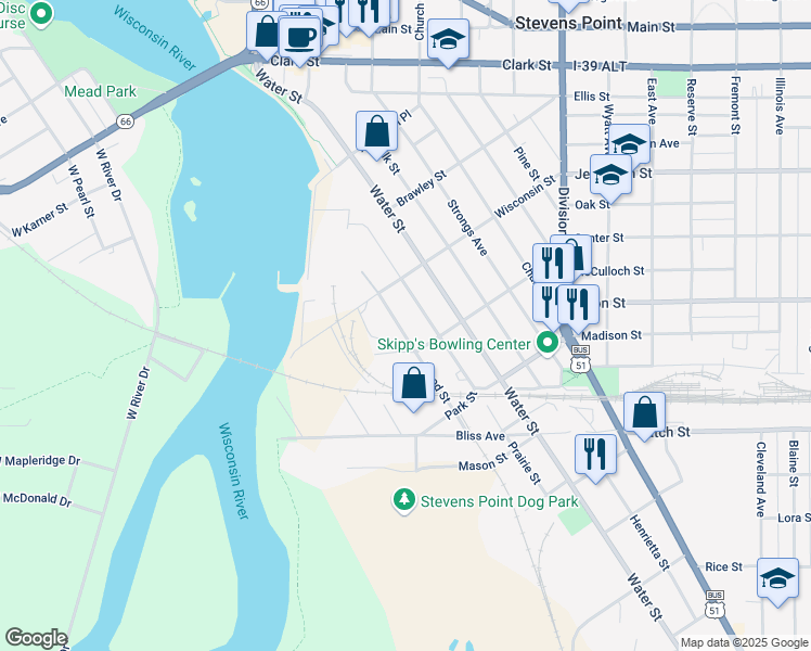 map of restaurants, bars, coffee shops, grocery stores, and more near 1941 Wood Street in Stevens Point