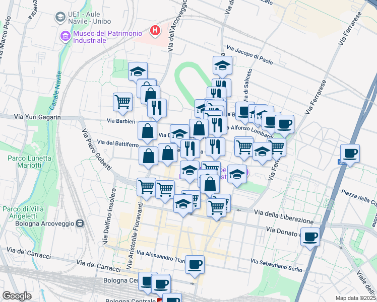 map of restaurants, bars, coffee shops, grocery stores, and more near 27 Via Lionello Spada in Bologna