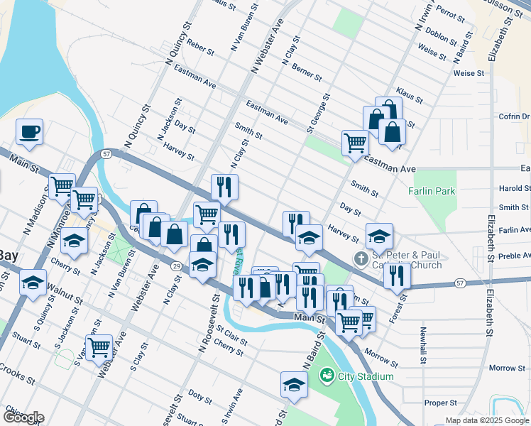 map of restaurants, bars, coffee shops, grocery stores, and more near 735 Saint George Street in Green Bay