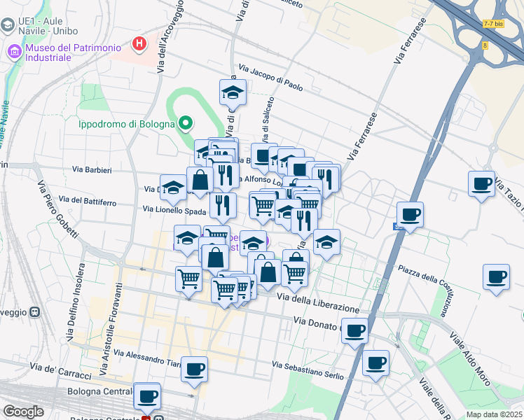 map of restaurants, bars, coffee shops, grocery stores, and more near 21 Via di Saliceto in Bologna
