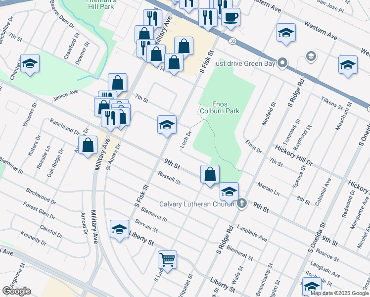 map of restaurants, bars, coffee shops, grocery stores, and more near 1205 Loch Drive in Green Bay
