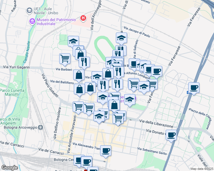 map of restaurants, bars, coffee shops, grocery stores, and more near 27 Via Lionello Spada in Bologna