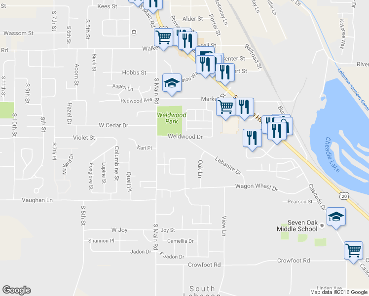 map of restaurants, bars, coffee shops, grocery stores, and more near 80 Weldwood Drive in Lebanon