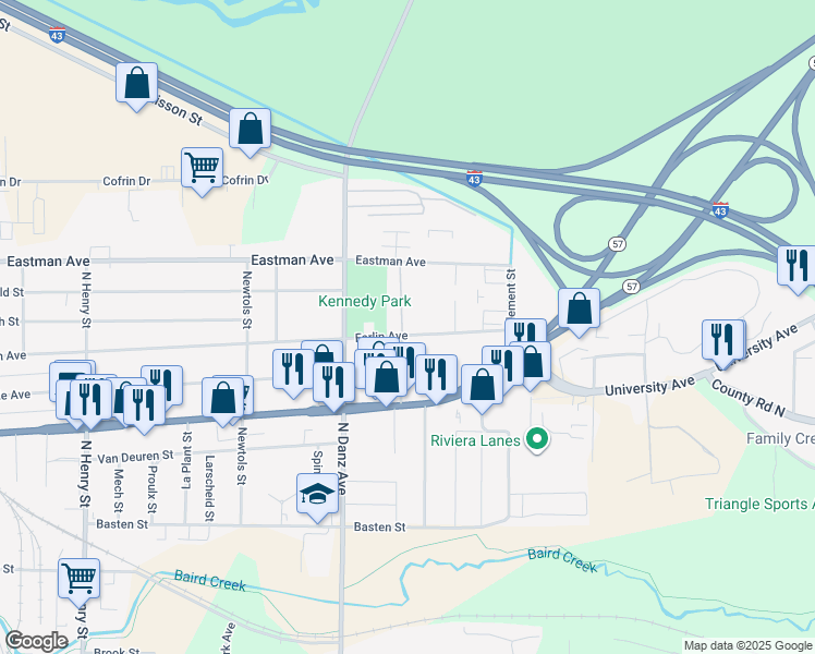 map of restaurants, bars, coffee shops, grocery stores, and more near 2321 Farlin Avenue in Green Bay