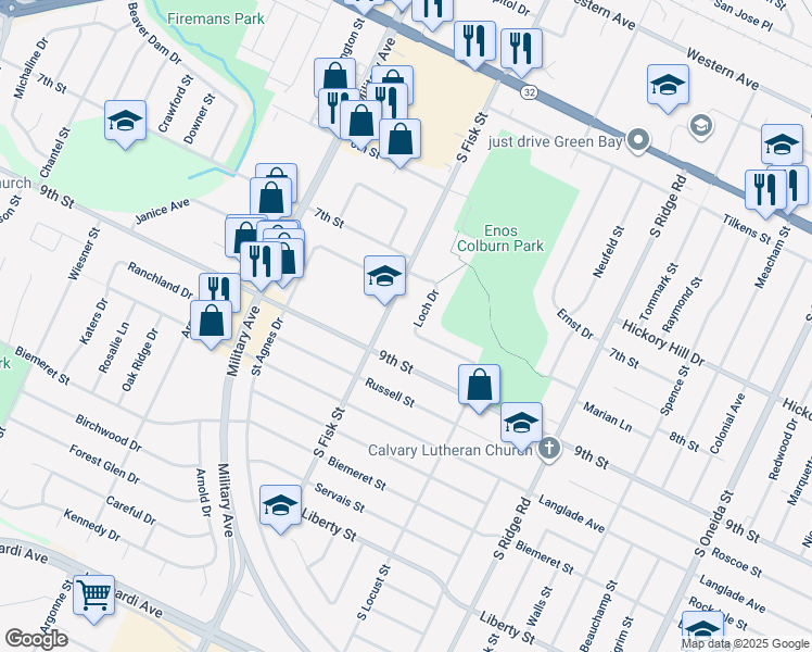 map of restaurants, bars, coffee shops, grocery stores, and more near 1164 Loch Drive in Green Bay