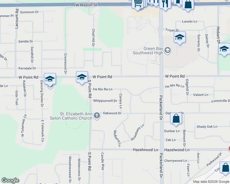 map of restaurants, bars, coffee shops, grocery stores, and more near 2719 He Nis Ra Lane in Green Bay