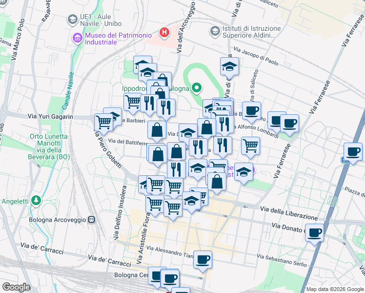 map of restaurants, bars, coffee shops, grocery stores, and more near 47 Via Lionello Spada in Bologna