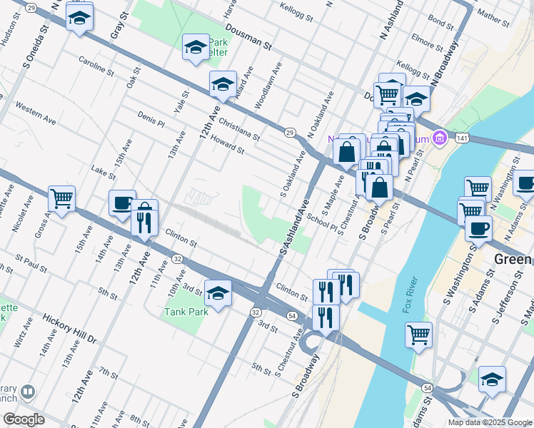 map of restaurants, bars, coffee shops, grocery stores, and more near 320 South Oakland Avenue in Green Bay