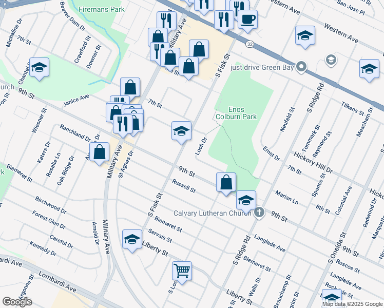map of restaurants, bars, coffee shops, grocery stores, and more near 1164 Loch Drive in Green Bay