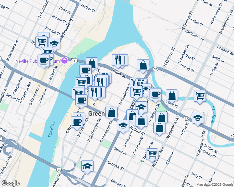 map of restaurants, bars, coffee shops, grocery stores, and more near 417 Pine Street in Green Bay