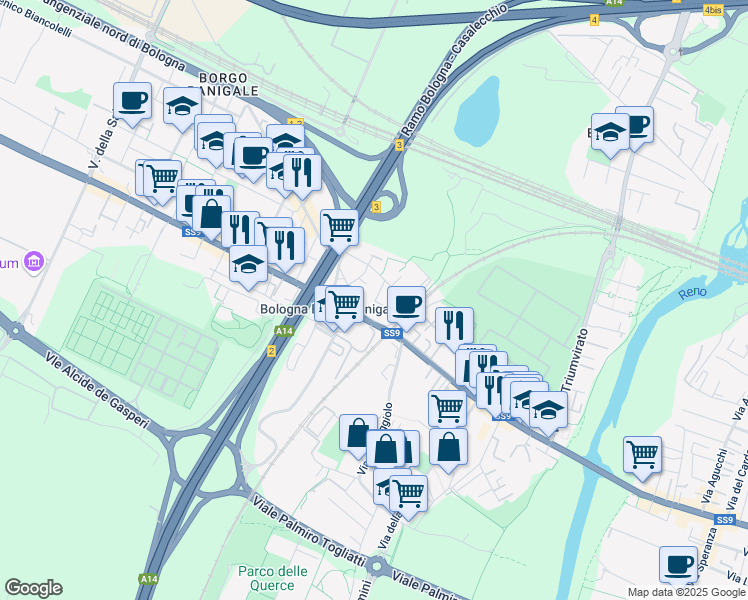 map of restaurants, bars, coffee shops, grocery stores, and more near 3 Via Arnaldo da Brescia in Bologna