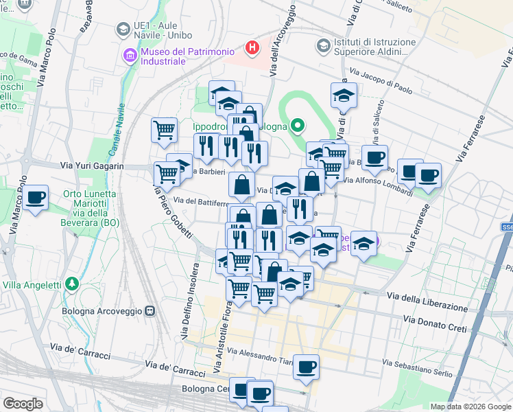 map of restaurants, bars, coffee shops, grocery stores, and more near 63 C Via Lionello Spada in Bologna