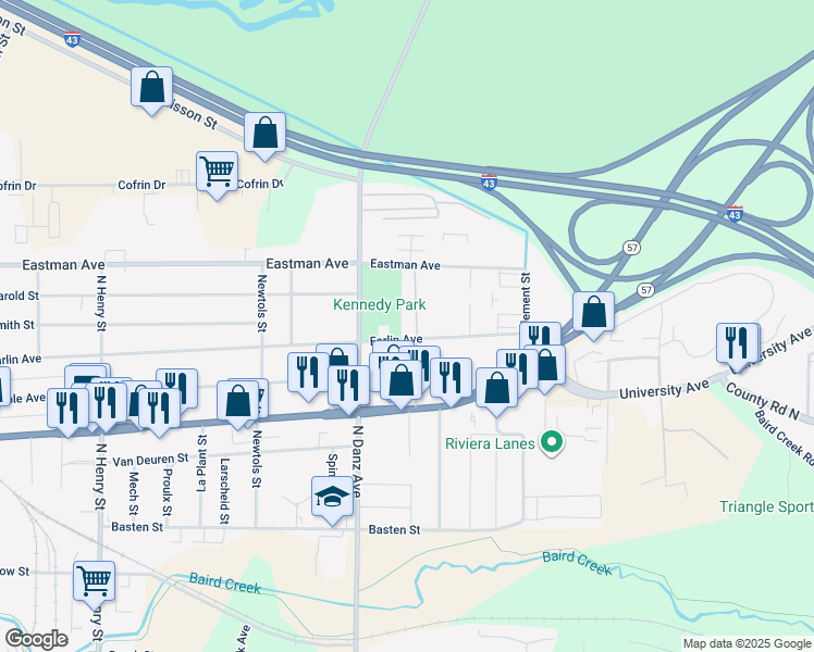 map of restaurants, bars, coffee shops, grocery stores, and more near 2251 Farlin Avenue in Green Bay