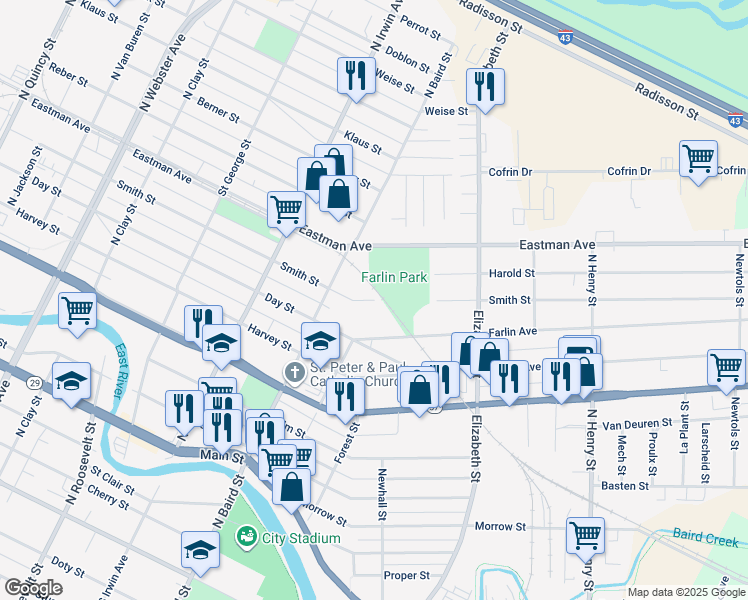 map of restaurants, bars, coffee shops, grocery stores, and more near 1455 Smith Street in Green Bay