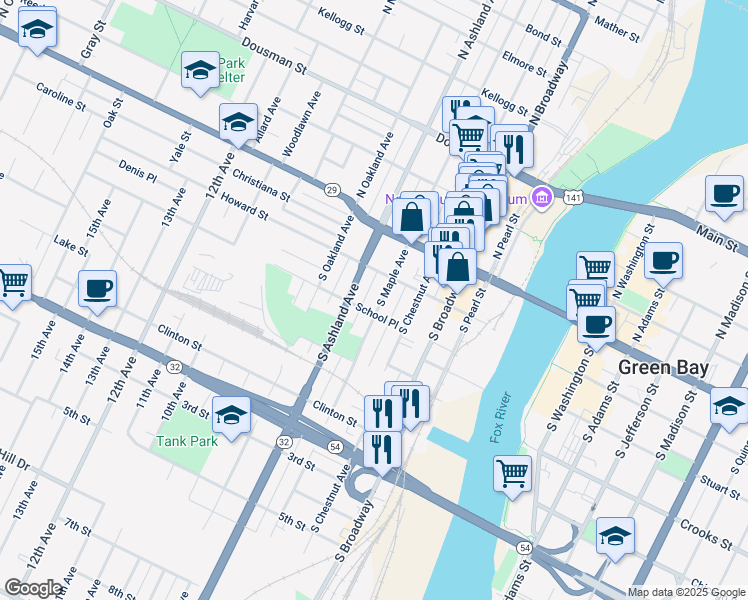 map of restaurants, bars, coffee shops, grocery stores, and more near 220 South Maple Avenue in Green Bay