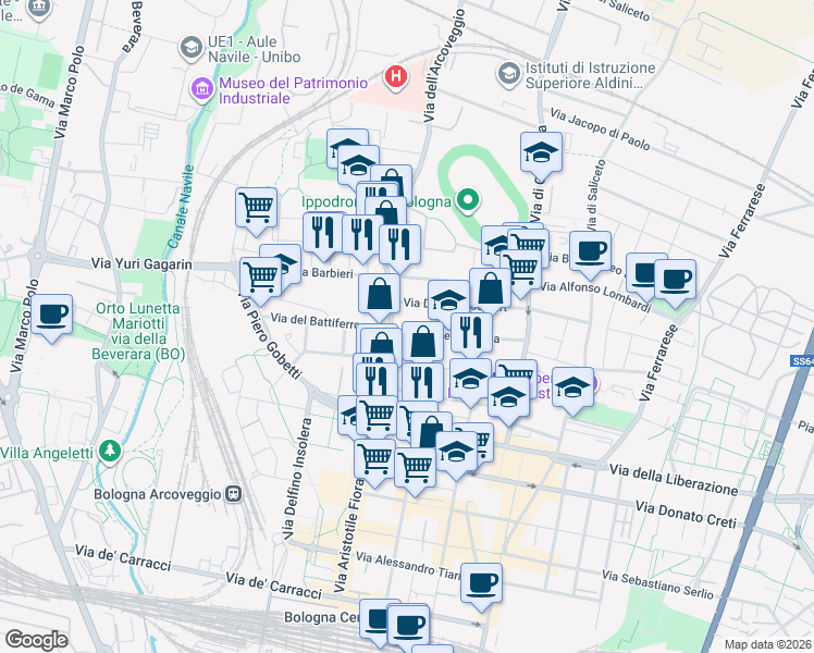 map of restaurants, bars, coffee shops, grocery stores, and more near 63 C Via Lionello Spada in Bologna