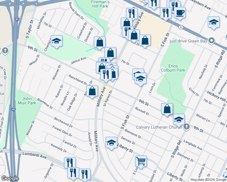 map of restaurants, bars, coffee shops, grocery stores, and more near 1547 9th Street in Green Bay