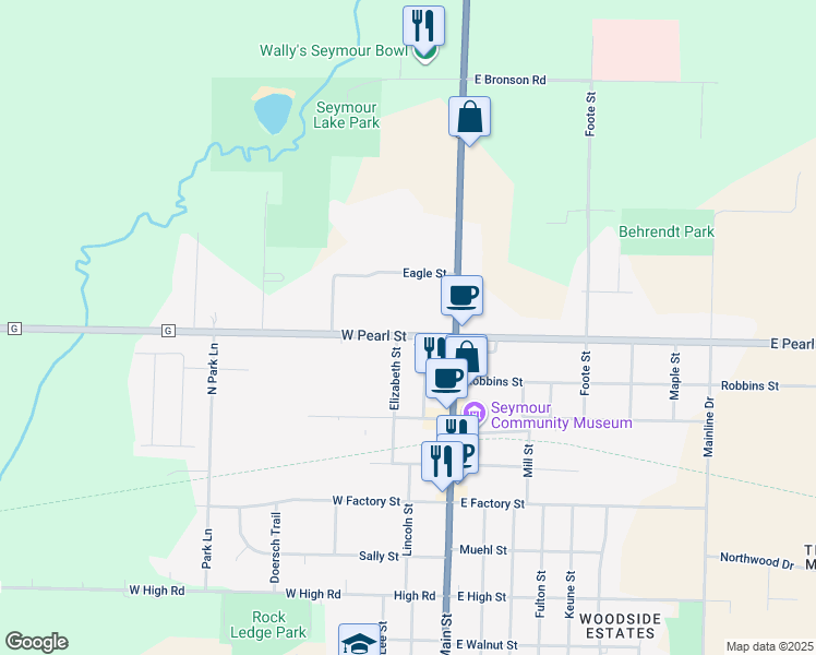 map of restaurants, bars, coffee shops, grocery stores, and more near 221 West Pearl Street in Seymour