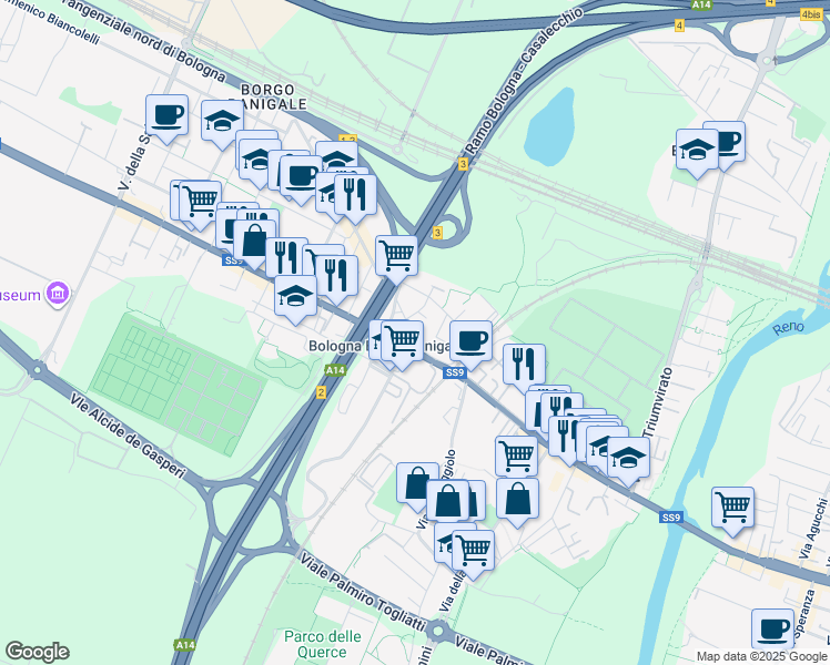 map of restaurants, bars, coffee shops, grocery stores, and more near 3 Via Arnaldo da Brescia in Bologna