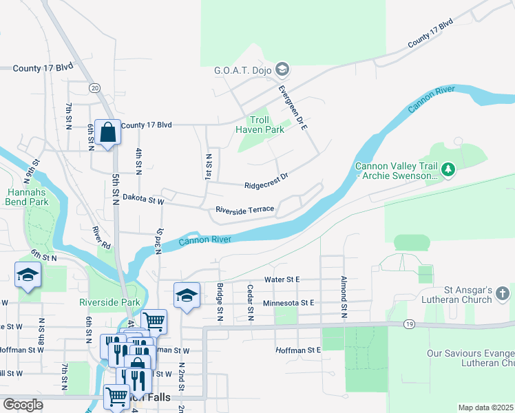 map of restaurants, bars, coffee shops, grocery stores, and more near 60 Riverside Terrace in Cannon Falls