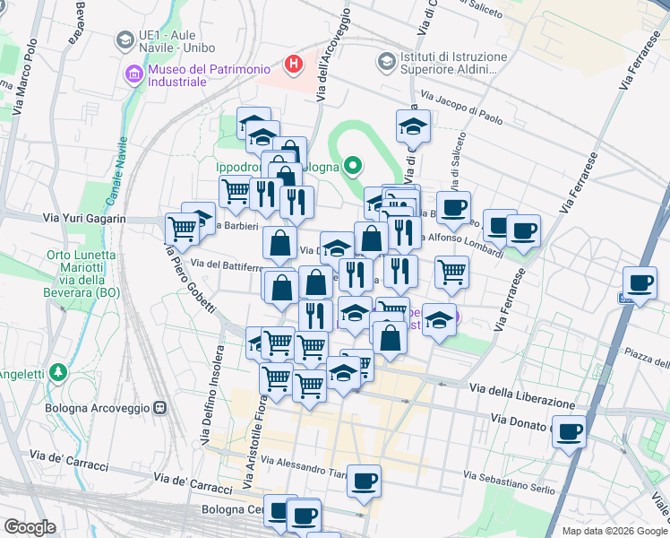 map of restaurants, bars, coffee shops, grocery stores, and more near 47 Via Lionello Spada in Bologna