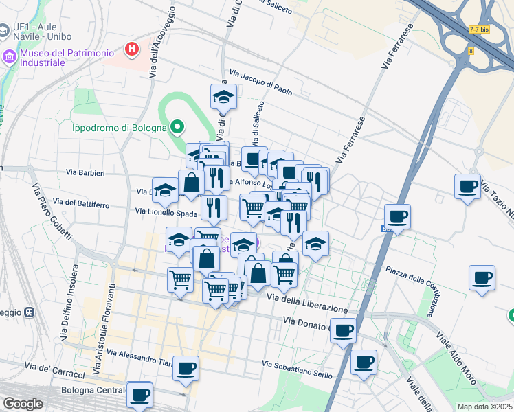 map of restaurants, bars, coffee shops, grocery stores, and more near 21 Via di Saliceto in Bologna