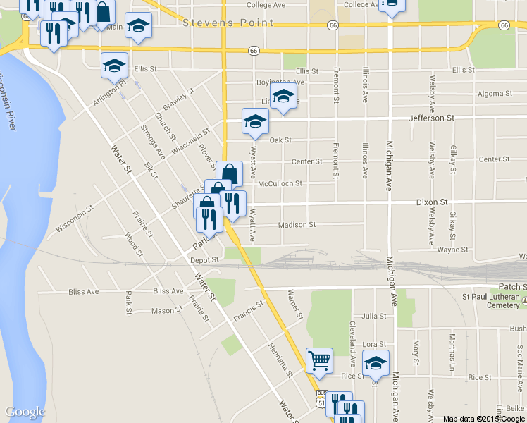 map of restaurants, bars, coffee shops, grocery stores, and more near 1817 Dixon Street in Stevens Point
