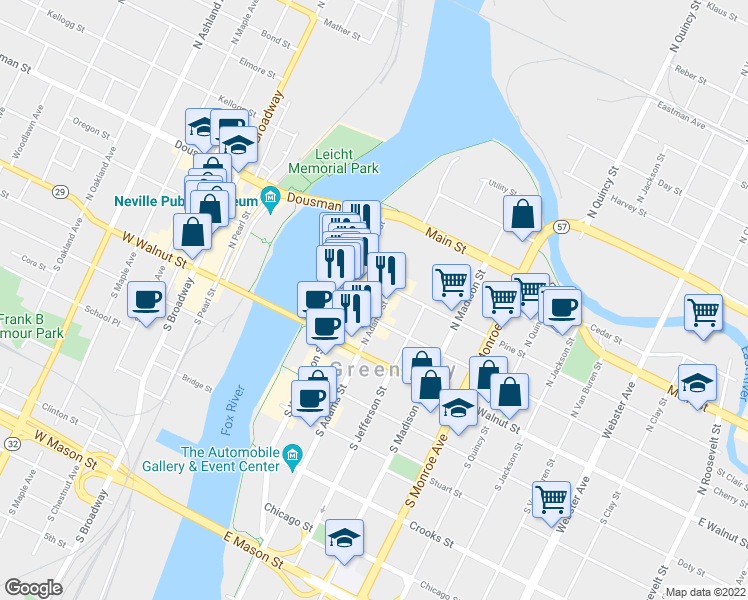 map of restaurants, bars, coffee shops, grocery stores, and more near 211-215 North Adams Street in Green Bay
