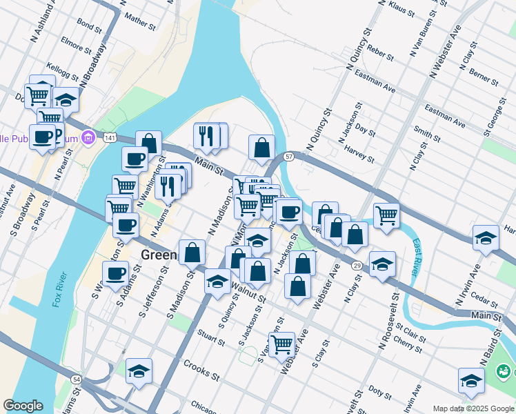 map of restaurants, bars, coffee shops, grocery stores, and more near 406 North Monroe Avenue in Green Bay