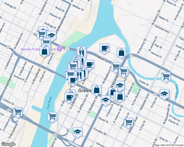 map of restaurants, bars, coffee shops, grocery stores, and more near 312 Pine Street in Green Bay