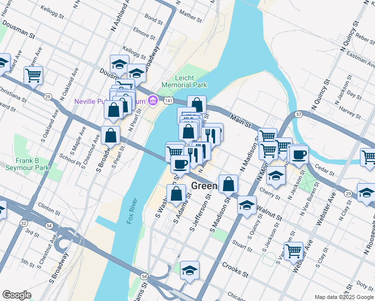 map of restaurants, bars, coffee shops, grocery stores, and more near 201 Cherry Street in Green Bay