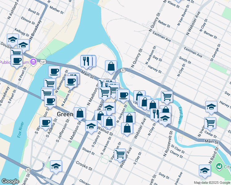 map of restaurants, bars, coffee shops, grocery stores, and more near 441 North Quincy Street in Green Bay