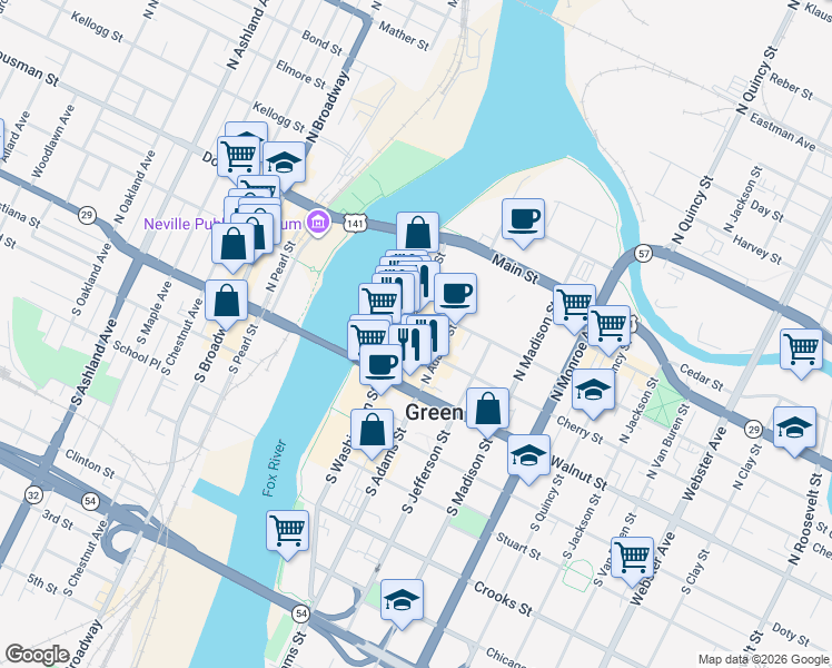 map of restaurants, bars, coffee shops, grocery stores, and more near 201 Cherry Street in Green Bay