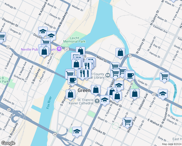 map of restaurants, bars, coffee shops, grocery stores, and more near 310 Pine Street in Green Bay