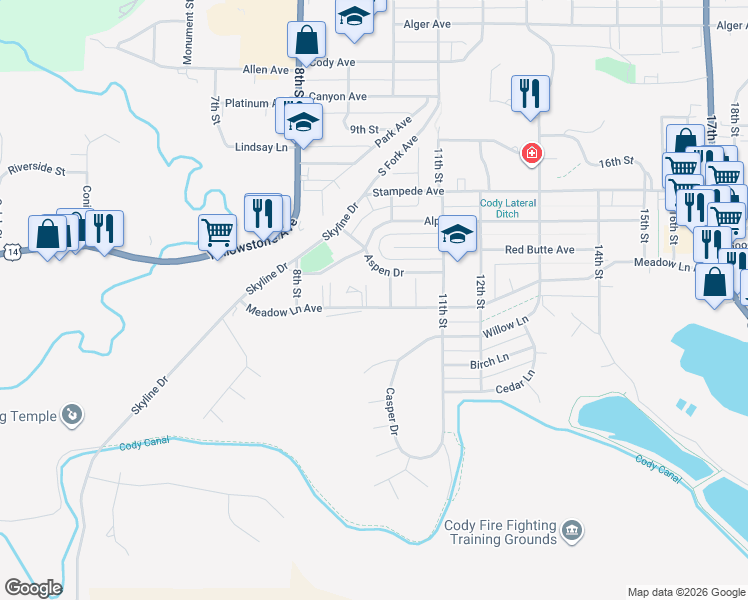 map of restaurants, bars, coffee shops, grocery stores, and more near 2114 10th Street in Cody