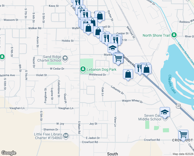 map of restaurants, bars, coffee shops, grocery stores, and more near 108 Weldwood Drive in Lebanon