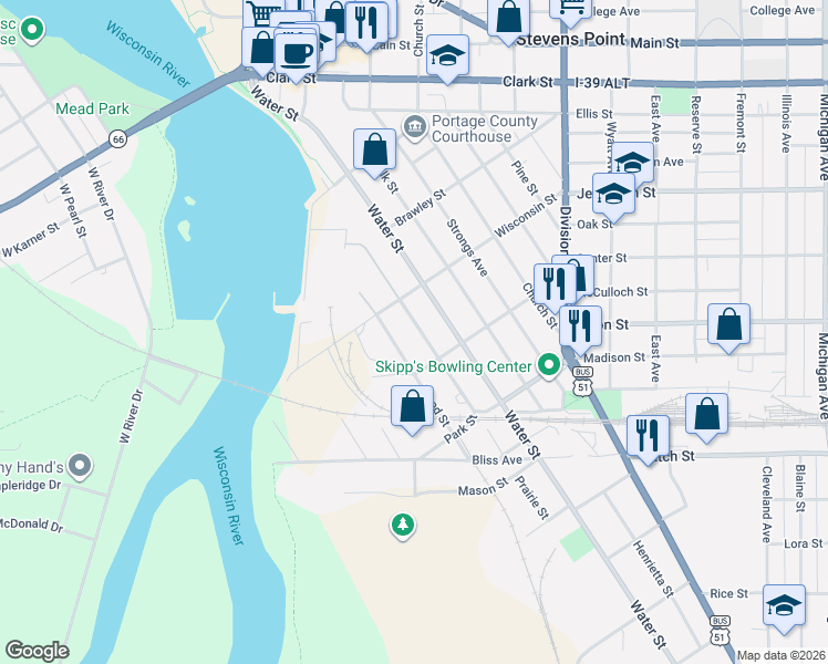 map of restaurants, bars, coffee shops, grocery stores, and more near 1941 Prairie Street in Stevens Point