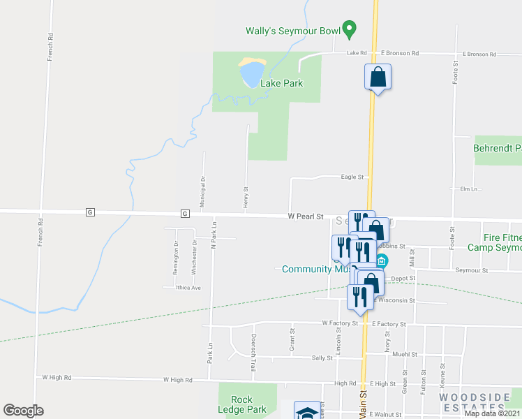 map of restaurants, bars, coffee shops, grocery stores, and more near 555 West Pearl Street in Seymour