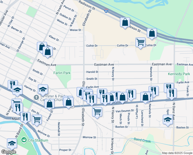 map of restaurants, bars, coffee shops, grocery stores, and more near 1635 Smith Street in Green Bay