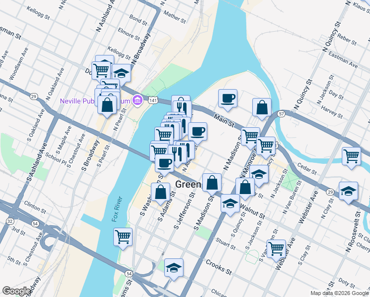 map of restaurants, bars, coffee shops, grocery stores, and more near 211-215 North Adams Street in Green Bay