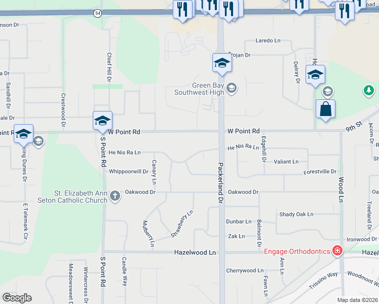 map of restaurants, bars, coffee shops, grocery stores, and more near 2652 He Nis Ra Lane in Green Bay