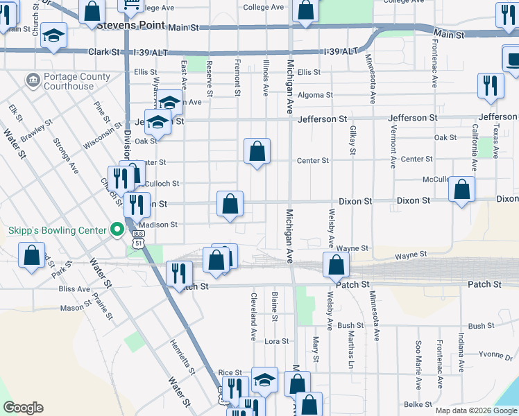 map of restaurants, bars, coffee shops, grocery stores, and more near 2208 Illinois Avenue in Stevens Point