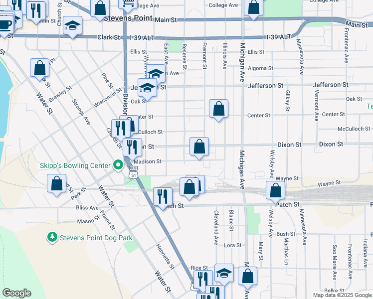 map of restaurants, bars, coffee shops, grocery stores, and more near 2101 Dixon St in Stevens Point