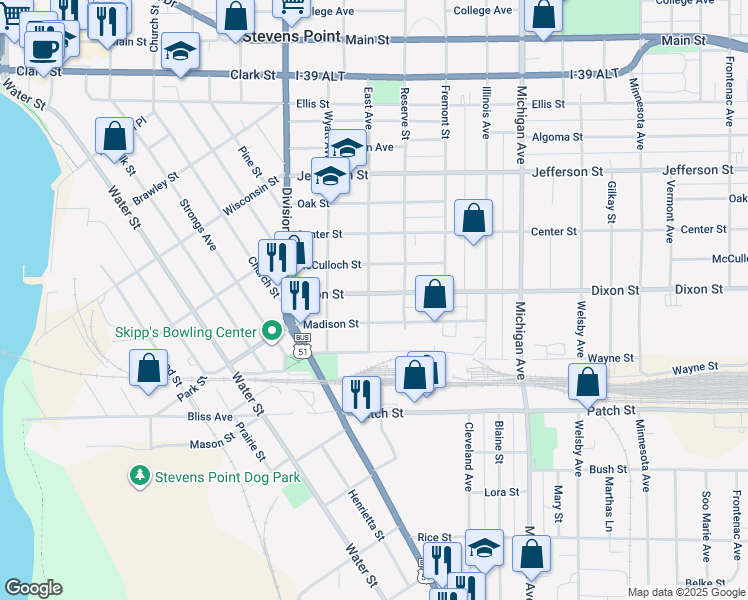 map of restaurants, bars, coffee shops, grocery stores, and more near 2001 Dixon Street in Stevens Point