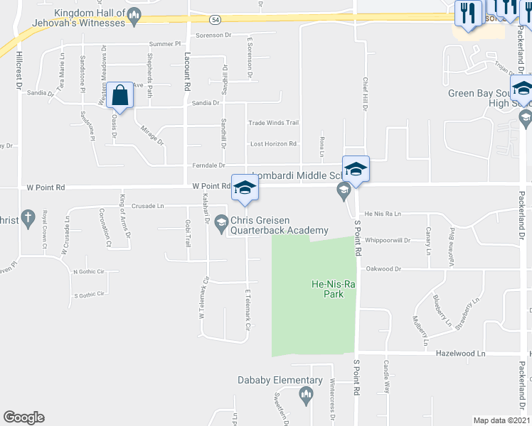 map of restaurants, bars, coffee shops, grocery stores, and more near 1601 Dancing Dunes Drive in Green Bay