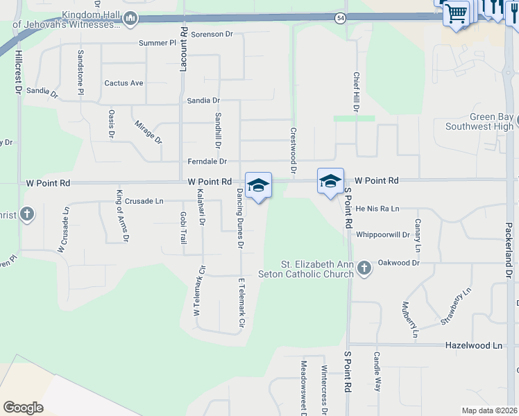 map of restaurants, bars, coffee shops, grocery stores, and more near 1601 Dancing Dunes Drive in Green Bay