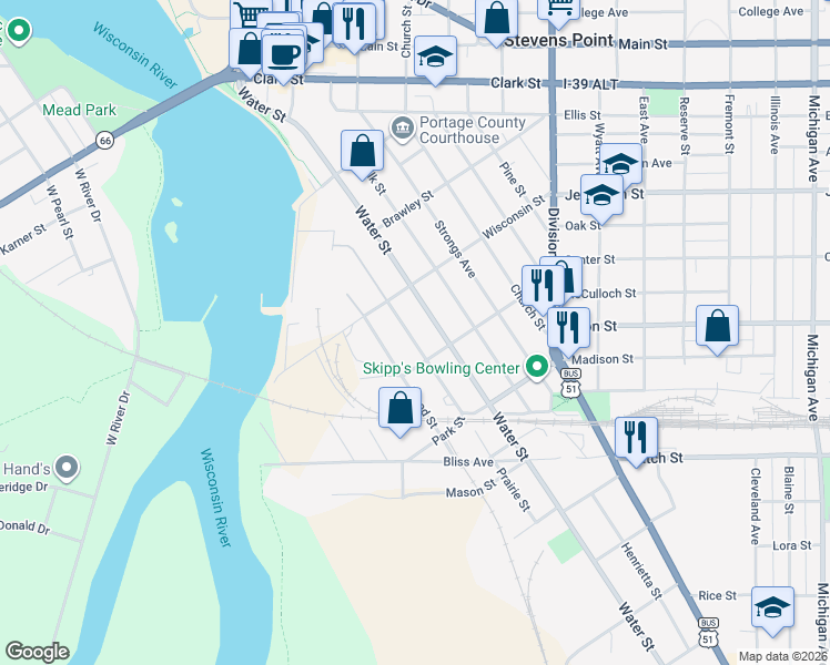 map of restaurants, bars, coffee shops, grocery stores, and more near 1941 Prairie Street in Stevens Point