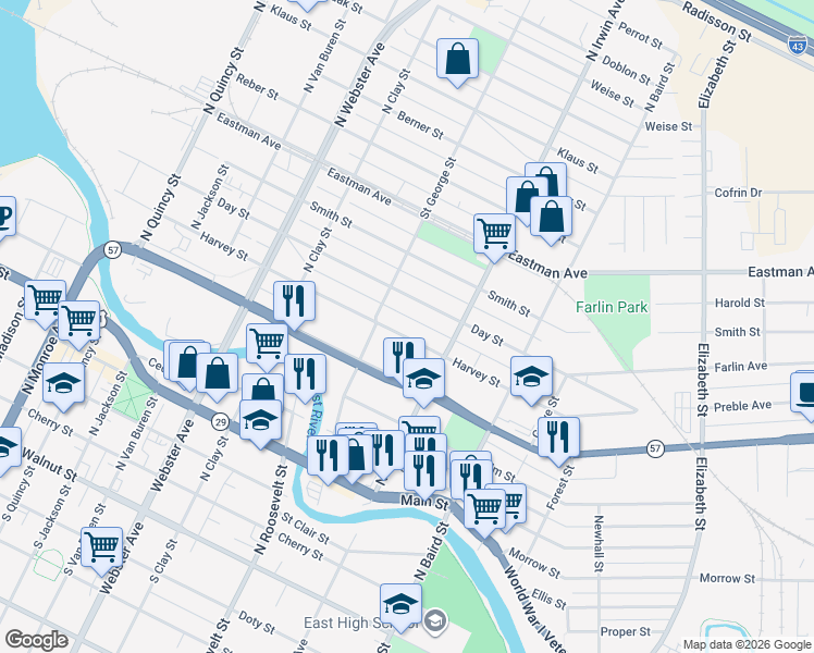 map of restaurants, bars, coffee shops, grocery stores, and more near 1231 Harvey Street in Green Bay