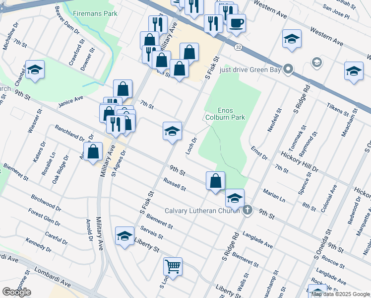 map of restaurants, bars, coffee shops, grocery stores, and more near 1164 Loch Drive in Green Bay