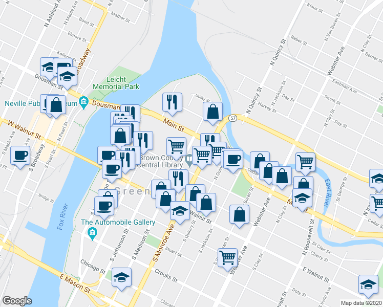 map of restaurants, bars, coffee shops, grocery stores, and more near 300 North Madison Street in Green Bay